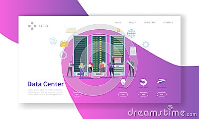 Data Center Concept Landing Page. Hosting Service Characters Cloud Data Storage Work Process Website Template. Easy Edit Vector Illustration