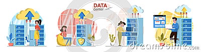 Data center concept scenes set. Technicians work at server racks room, storage, analysis and computing at datacenter. Collection Vector Illustration