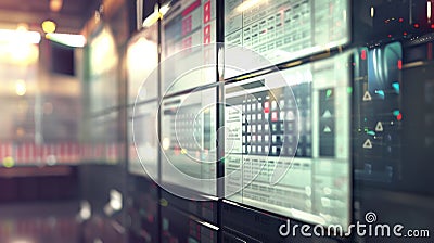 Data center control room with illuminated server status monitors. Technological monitoring concept. Concept of network Stock Photo