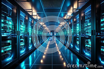 Data center corridor filled with rack servers, supercomputers, and internet visualization projection Stock Photo