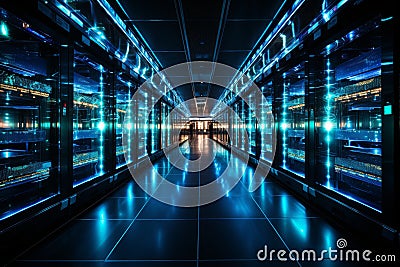 Data center corridor with rack servers, supercomputers, and internet visualization projection Stock Photo