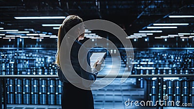 Data Center Female Programmer Using Tablet Computer, Maintenance IT Specialist. In Cloud Computing Stock Photo