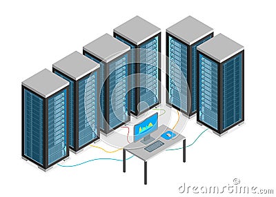 Data Center with Furniture and Equipment Isometric View. Vector Vector Illustration