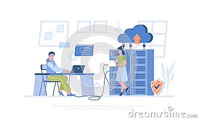 Data center. Hosting provider, data storage, cloud technologies. Server racks, datacenter equipment. Vector Illustration