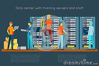 Data center with hosting servers and staff Vector Illustration