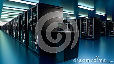 Data center. Iaas, saas, paas. Backup, mining, hosting, mainframe, farm and computer rack with storage information Cartoon Illustration