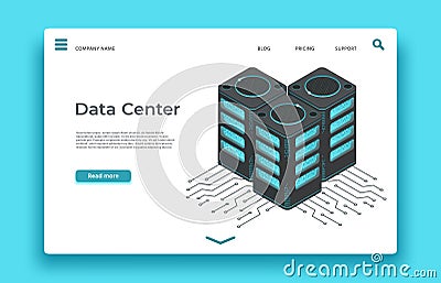 Data center landing page. Isometric servers vector design Vector Illustration