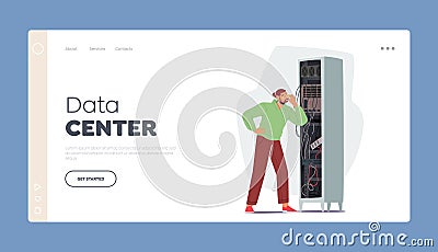 Data Center Landing Page Template. Sysadmin Character Repairing and Adjusting Network Connection. System Administrator Vector Illustration