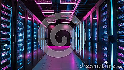 Data Center With Multiple Rows of Fully Operational Server Racks. Stock Photo