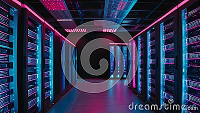Data Center With Multiple Rows of Fully Operational Server Racks. Stock Photo