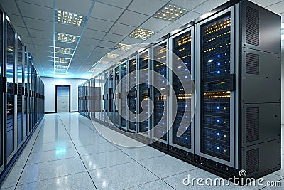 Data Center With Multiple Rows of Fully Operational Server Racks. Modern Telecommunications, Cloud Computing, Artificial Stock Photo