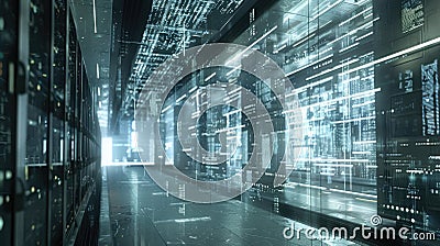 Data center with rows of servers and projections of global data exchange on the walls. Big data visualization Stock Photo