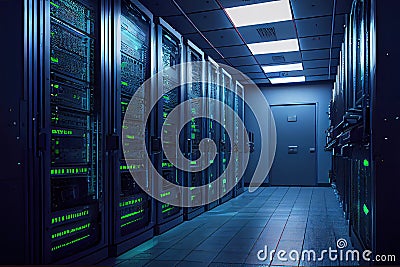 Data Center Server Room, Supercomputer Datacenter, Abstract Generative AI Illustration Stock Photo