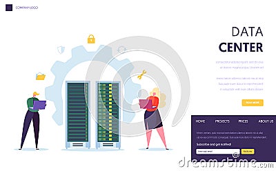 Data Center Server Staff Landing Page. Business Character Support Datacenter with Laptop Computer Database Hosting Vector Illustration