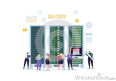 Data Center Technology Concept. Flat People Characters Engineers Working in Network Server Room. Web Hosting Vector Illustration