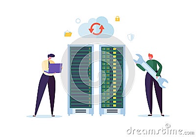 Data Center Technology Concept. Flat People Characters Engineers Working in Network Server Room. Web Hosting Vector Illustration