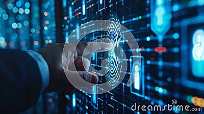 A data center utilizes a combination of fingerprint and iris scanning for secure access to servers and sensitive Stock Photo