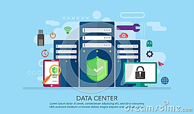 Data center, Web servers, service, internet connection, cloud servers with security icons flat. Suitable For Banner, Background, B Vector Illustration