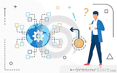 Data center worker processes and analyzes Internet streams of hosting provider Vector Illustration