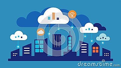 Data Clouds Clouds filled with binary codes and data icons drifting over a cityscape representing how 5G enhances data Vector Illustration