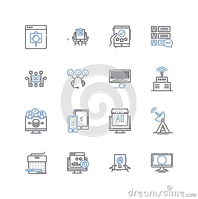 Data computing line icons collection. Analytics, Big data, Clustering, Dashboards, Databases, Descriptive Vector Illustration