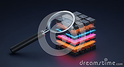 Data Cube Deep Dive 3D Magnifying Glass Analysis Unveiling data layers deep search cube 3D analysis insightful exploration Stock Photo