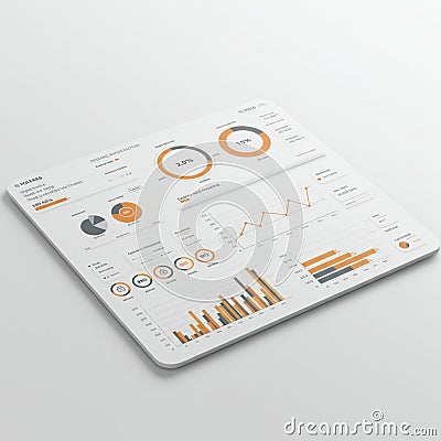 Data dashboard featuring circular progress charts, pie charts, and bar graphs, Stock Photo
