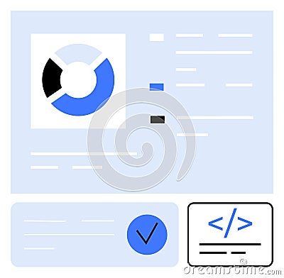Data dashboard with segmented pie chart, coding symbol, checklist, and color indicators Vector Illustration