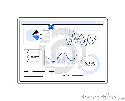 Data dashboard showing financial metrics, graphs, pie chart, and checklist, in blue and white. Stock Photo