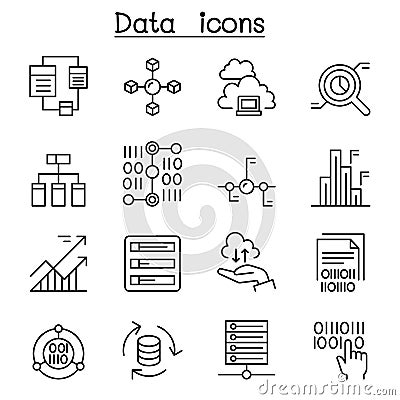 Data, database, graph, chart, diagram icon set in thin line style Vector Illustration