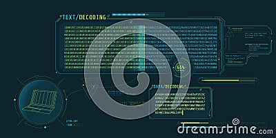 Data decryption screen with text decoding window. Vector Illustration