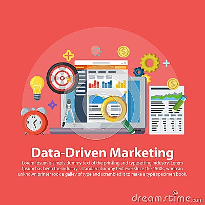 Data driven marketing strategy. Web banner in flat style. Lead generation, profit, business growth concept with icons. Business gr Cartoon Illustration