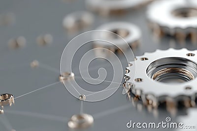Data Dynamics: Mechanical gears and gear systems visualized through interconnected lines, dots, big data graphics with Stock Photo