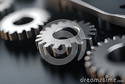 Data Dynamics: Mechanical gears and gear systems visualized through interconnected lines, dots, big data graphics with Stock Photo