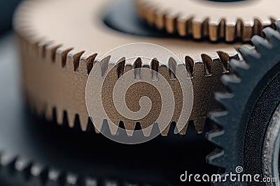 Data Dynamics: Mechanical gears and gear systems visualized through interconnected lines, dots, big data graphics with Stock Photo