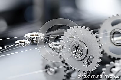 Data Dynamics: Mechanical gears and gear systems visualized through interconnected lines, dots, big data graphics with Stock Photo