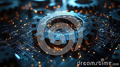 Data Dynamics: Mechanical gears and gear systems visualized through interconnected lines, dots, big data graphics with Stock Photo