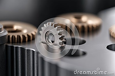 Data Dynamics: Mechanical gears and gear systems visualized through interconnected lines, dots, big data graphics with Stock Photo
