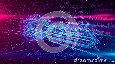 Data encryption digital concept with cyber key Cartoon Illustration