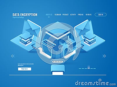 Data encryption process concept, data factory, automated sending email and messages Vector Illustration