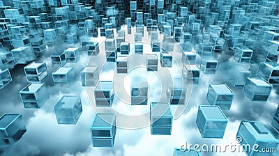 Data floating in a digital cloud, accessed by devices on the ground, visualizing the concept of remote data storage and access Stock Photo