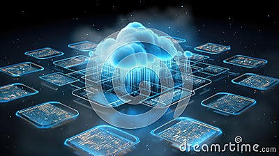 Data floating in a digital cloud, accessed by devices on the ground, visualizing the concept of remote data storage and access Stock Photo