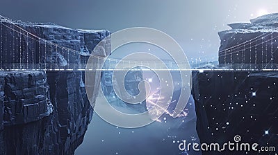 Data flows like water across light bridge between cliffs, embodying connections of diverse data points and insights Stock Photo