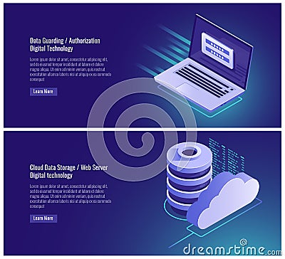 Data guarding, authorization form, password and login input, registration page, cloud data storage, web hosting Vector Illustration