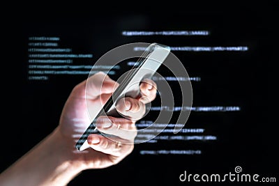 Data hacker or catfish using sms texting. Text message phone fraud or scam. Online chatbot or tech support forum. Secret darkweb. Stock Photo