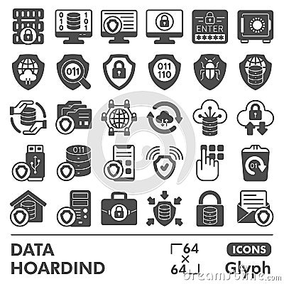 Data hoarding symbols collection or sketches. files storage theme icons in glyph style signs for web and app. Vector Vector Illustration