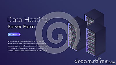 Data hosting. Datacenter server farm isometric concept. Modern data hosting hero image design Vector Illustration