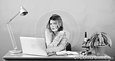 Data and information. Business woman. chemist biologist with microscope on table. digital science. woman work in office Stock Photo