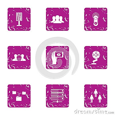 Data interaction icons set, grunge style Vector Illustration