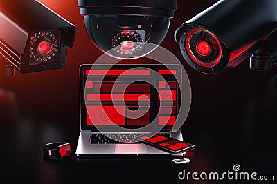 Data leakage concept. Three different cctv camera is spying on a computer checking for sensitive data, passwords. 3D rendering Stock Photo